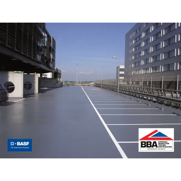 Multi-level parking deck featuring BASF Elastocoat C with blue surface and white lines