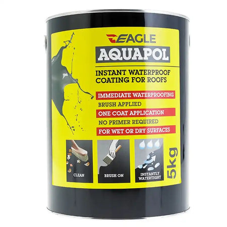 Black and yellow Aquapol waterproof coating can.