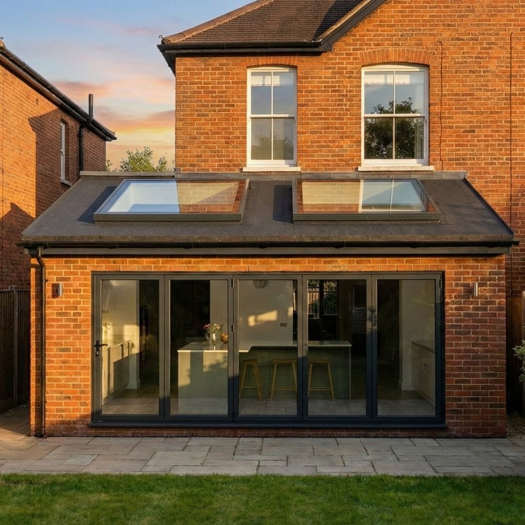 Clever Shield flat glass fixed rooflight with slim aluminium frame for modern flat roof extensions