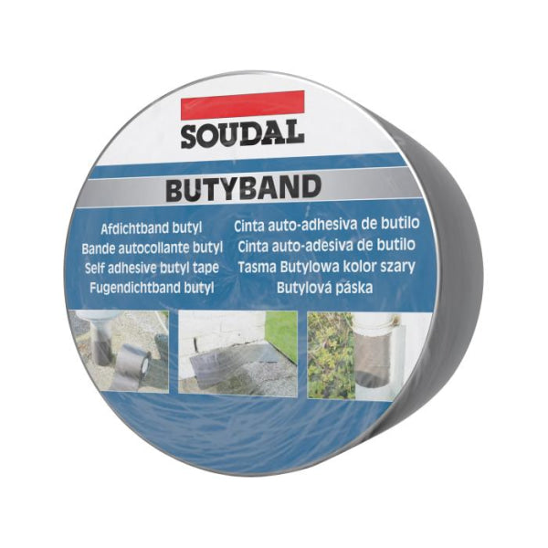 Self adhesive butyl tape  Butyband is a butyl rubber based, ready to use, self-adhesive, elastoplastic flashing and sealing tape. Excellent adhesion onto all surfaces even when applied at low temperatures. Available in rolls of 10m length in various widths.