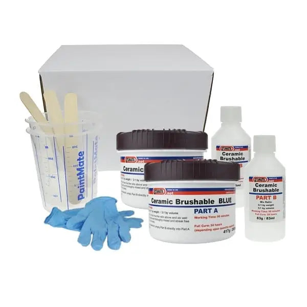 Ceramic Brushable Blue Epoxy Coating kit with mixing containers and gloves