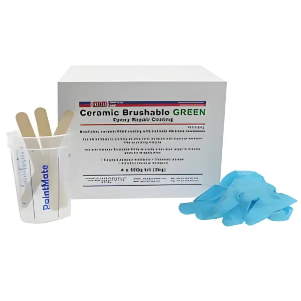 Ceramic Brushable Green Epoxy Coating kit featuring mixing tools and blue gloves