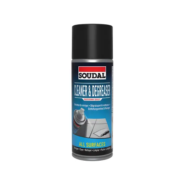 Soudal Cleaner and Degreaser spray can with black cap and blue/red label