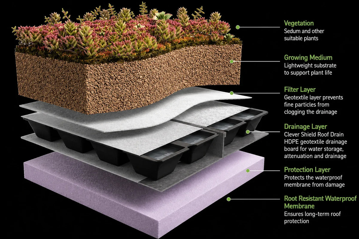 Clever Shield Roof Drain Green Roof Drainage/ Water Retention Layer (46m2) Green roof drainage layer for efficient