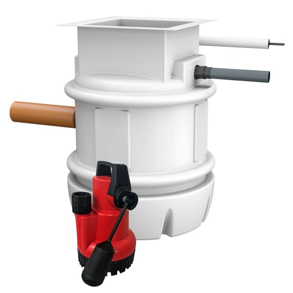 White Cleversump XL sewage pumping station featuring a red pump for efficient water management