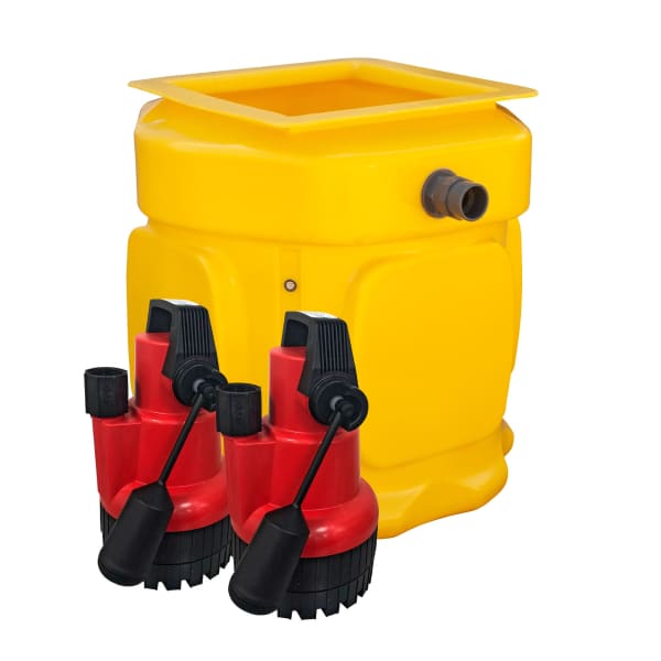 Yellow basin with two red sump pumps in Cleversump Pro Twin system