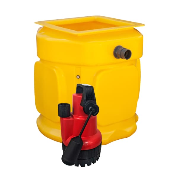 Yellow sump basin with red pump featured in CleverSump Pro product display