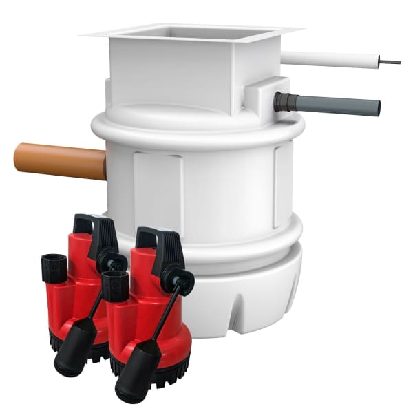 White Cleversump XL Twin sewage pumping station with red submersible pumps