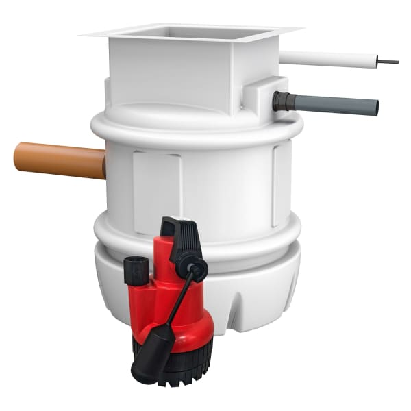 White Cleversump XL Pro sewage pumping station featuring a red pump for efficient drainage