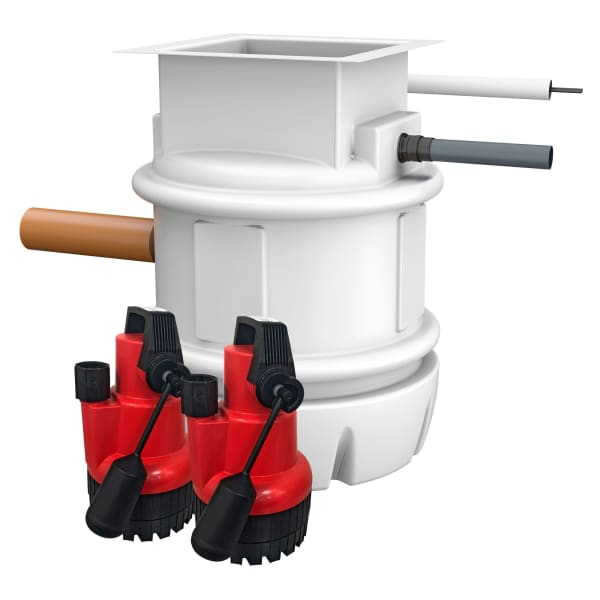 White Cleversump XL Pro Twin sewage basin featuring two red sump pumps