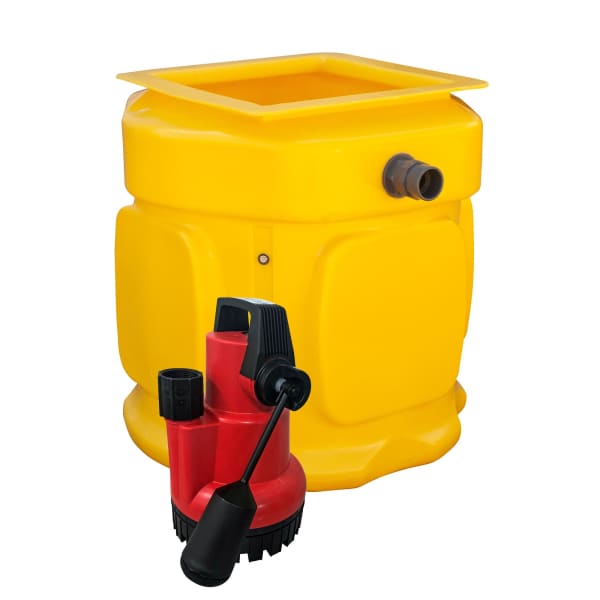 Yellow sump basin with red pump featured in the CleverSump product lineup