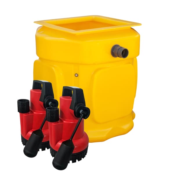 Yellow CleverSump Twin sump basin featuring two red pumps for efficient drainage