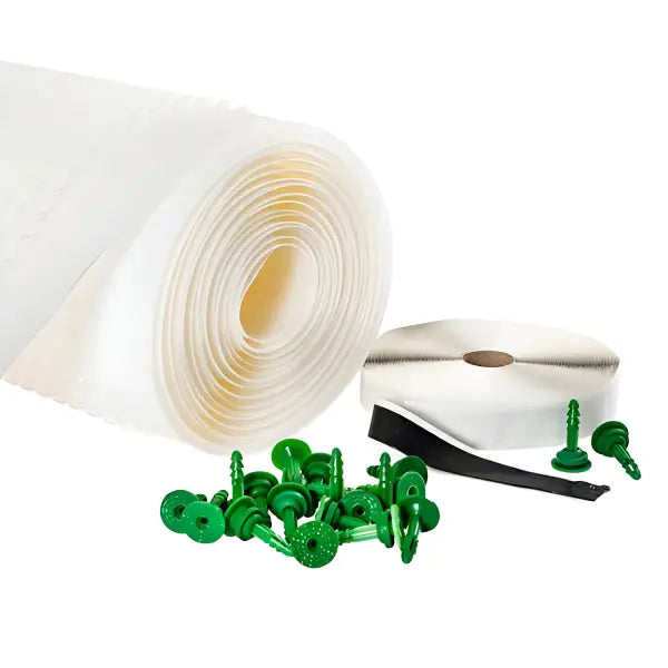 Roll of white weatherstripping tape with green push pins in CM8 Membrane Kit