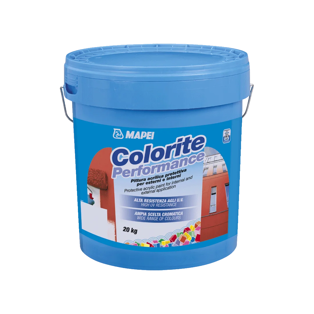 "Colorite Performance protective acrylic paint with UV resistance for interior and exterior walls, available in a wide range of colours."