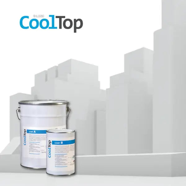 Two white paint cans featuring blue CoolTop branding displayed as CoolTop product