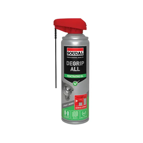 Soudal Degrip All spray can featuring a red cap and black/green label for DEGRIP ALL - GENIUS SPRAY