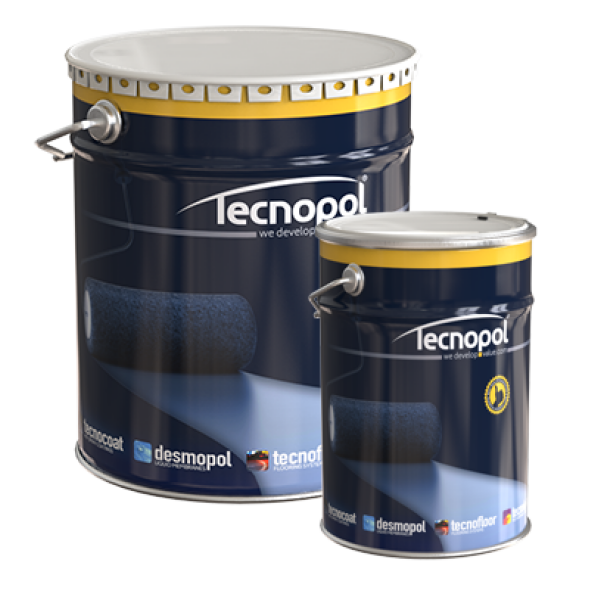 Two blue and white paint cans for Desmopol DW DWI Approved product display