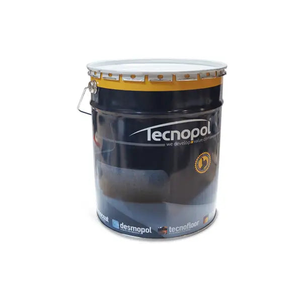 Black industrial paint bucket with yellow band and Tecnopol branding for Desmopol products