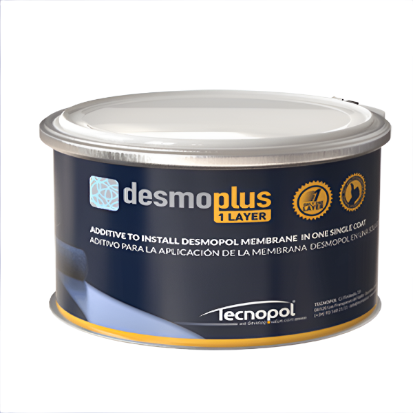 Desmoplus - Additive that gives to the single-component polyurethane membrane Desmopol several properties to facilitate its application in one layer without bubbles inside, improve its physical and mechanical properties, and give a fast dry time. It is suitable for the application of polyurethane membranes in low-temperature conditions or adverse weather condition