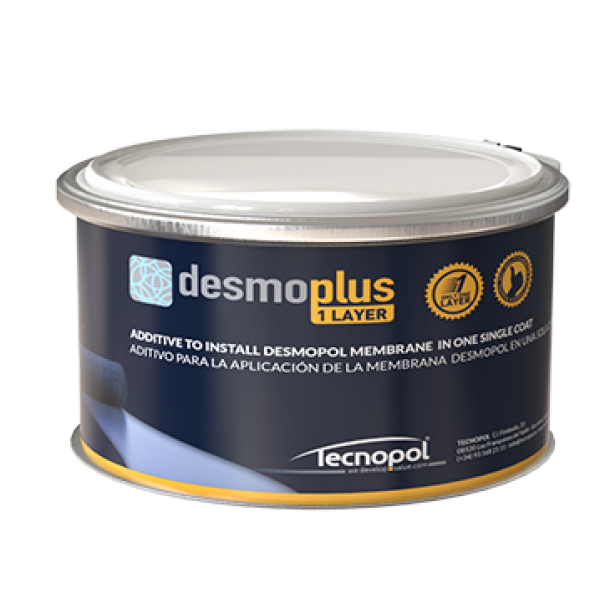 Desmoplus - Additive that gives to the single-component polyurethane membrane Desmopol several properties to facilitate its application in one layer without bubbles inside, improve its physical and mechanical properties, and give a fast dry time. It is suitable for the application of polyurethane membranes in low-temperature conditions or adverse weather condition