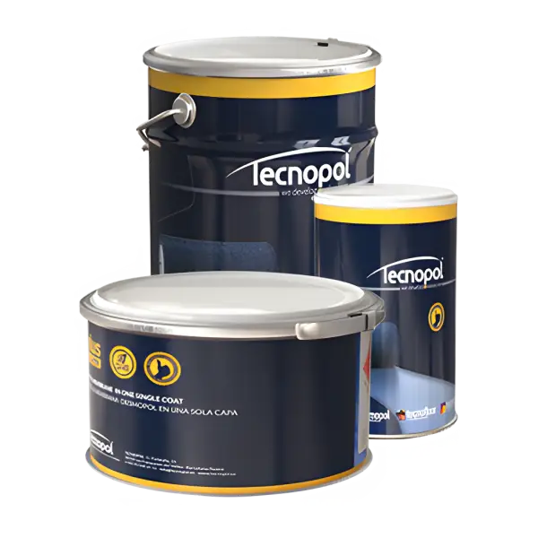 Navy blue Tecnopol paint cans with yellow trim for Desmopol Desmoplus Accelerator