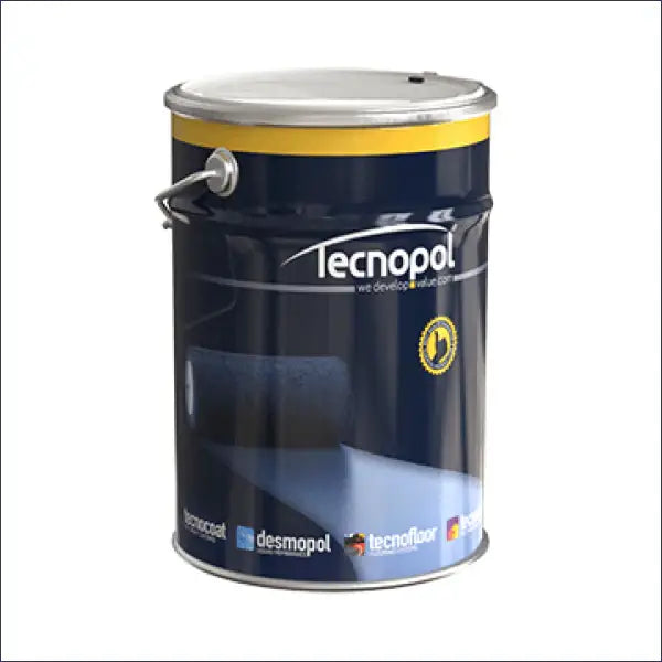 Navy blue paint can with yellow band displaying Tecnopol branding for Desmopol Desmothix