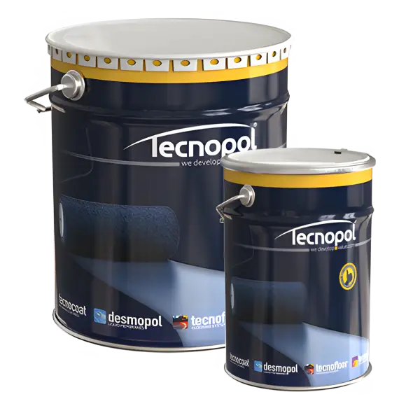 Navy blue paint cans with yellow trim featuring Tecnopol brand for Desmopol Tecnotop 2CP