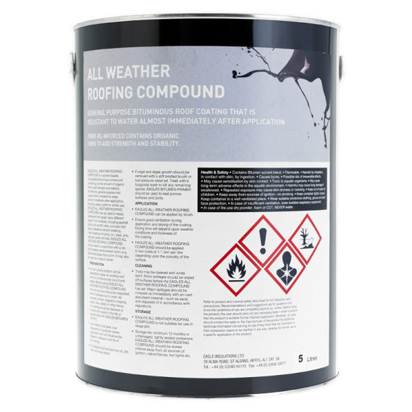 A solvent based, cold applied bituminous compound containing a small amount of organic fibre to add strength and stability. An effective, general purpose roof coating that is resistant to water almost immediately after application, therefore ideally suited for winter use. All Weather Roof Coat may be used to reseal, waterproof and repair many different types of roof coverings, including:-