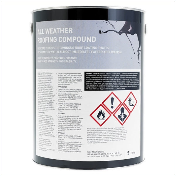 A solvent based, cold applied bituminous compound containing a small amount of organic fibre to add strength and stability. An effective, general purpose roof coating that is resistant to water almost immediately after application, therefore ideally suited for winter use. All Weather Roof Coat may be used to reseal, waterproof and repair many different types of roof coverings, including:-