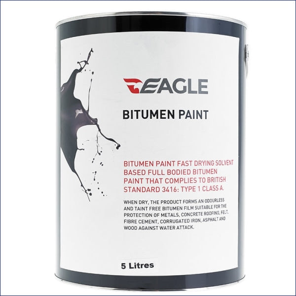 Eagle Bitumen Paint - A solvent based, general purpose, Black Bituminous Paint for waterproofing and weather protecting steelwork, asphalt and wood, concrete and potable water tanks. When dry it forms an odourless and taint free bitumen film.