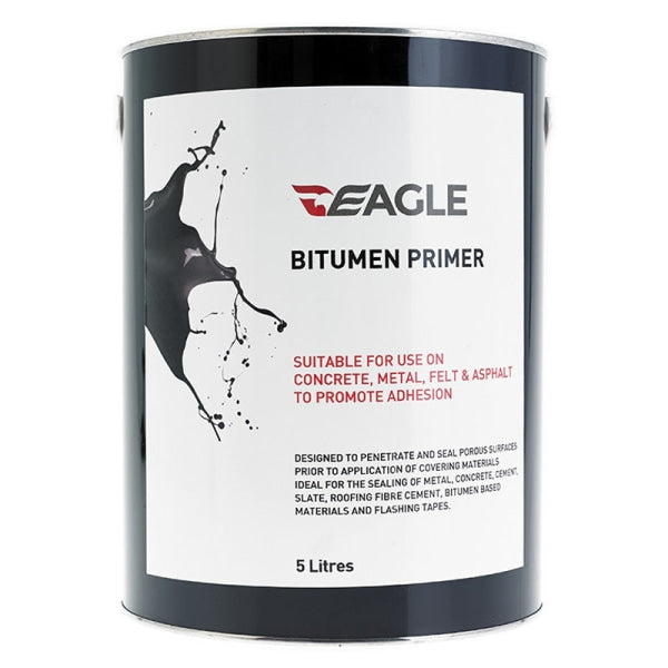 Eagle Bitumen Primer is a thin black primer used to give a key prior to applying bitumen paints and roof coatings.  Benefits  Suitable for use with all bituminous surface coatings Areas For Use  Mainly used for priming:  Concrete roofs and floors, cementitious screeds and renders, Bitumen felt, asphalt and mastic Weathered corrugated iron and steel.