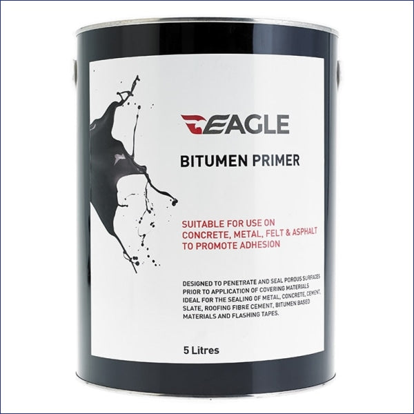 Eagle Bitumen Primer is a thin black primer used to give a key prior to applying bitumen paints and roof coatings.  Benefits  Suitable for use with all bituminous surface coatings Areas For Use  Mainly used for priming:  Concrete roofs and floors, cementitious screeds and renders, Bitumen felt, asphalt and mastic Weathered corrugated iron and steel.