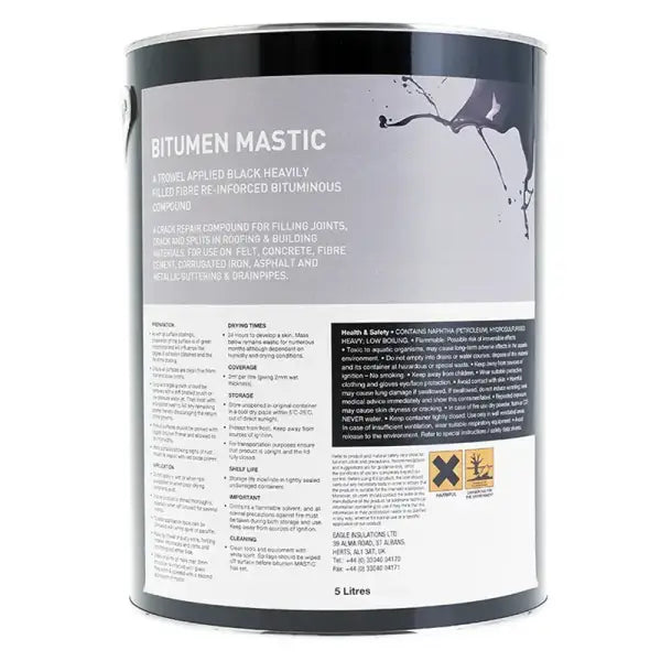 Metal can of Eagle Bitumen Trowel Mastic sealant with product info and warning labels