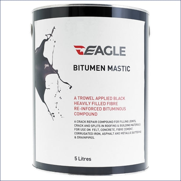 Eagle Bitumen Trowel Mastic is a heavily bodied bituminous mastic that is used for filling joints, cracks and splits in roofing and building materials including roofing felt, asphalt, concrete, asbestos cement and metallic guttering and drainpipes. It is resistant to water penetration immediately after application and is ideally suited for maintenance and remedial work.