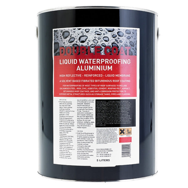 Double Coat Pro-Reflect is an elastomeric liquid waterproofing membrane, reinforced with microfibres and a high aluminium content.  Ideal for waterproofing most surfaces that are typically found on roofs, including galvanised steel, zinc plates, asbestos, cement, asphalt felt, asphalt, bitumen sheets. Suitable for protecting exposed metal structures such as storage tanks, pipes and facings against corrosion. Highly recommended for industrial facilities and warehouses.