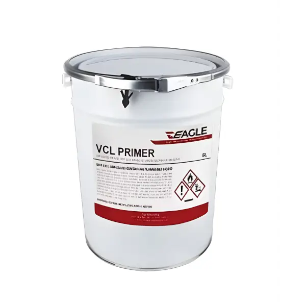 White metal paint bucket labeled VCL PRIMER with hazard symbols for Eagle GR100 VCL