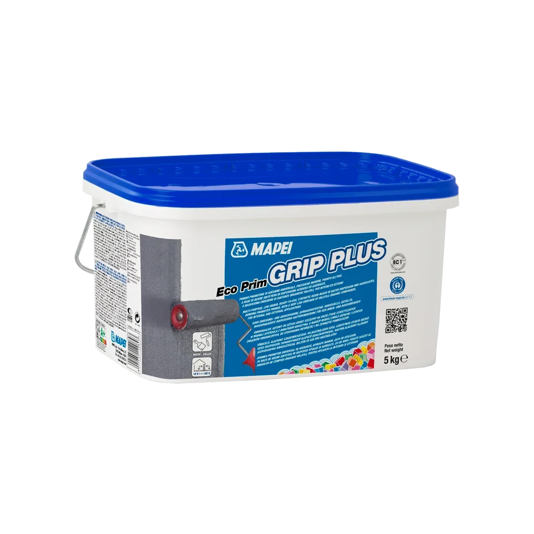 Applying ECO PRIM GRIP PLUS with a roller on smooth ceramic tiles to promote adhesion for levelling compound