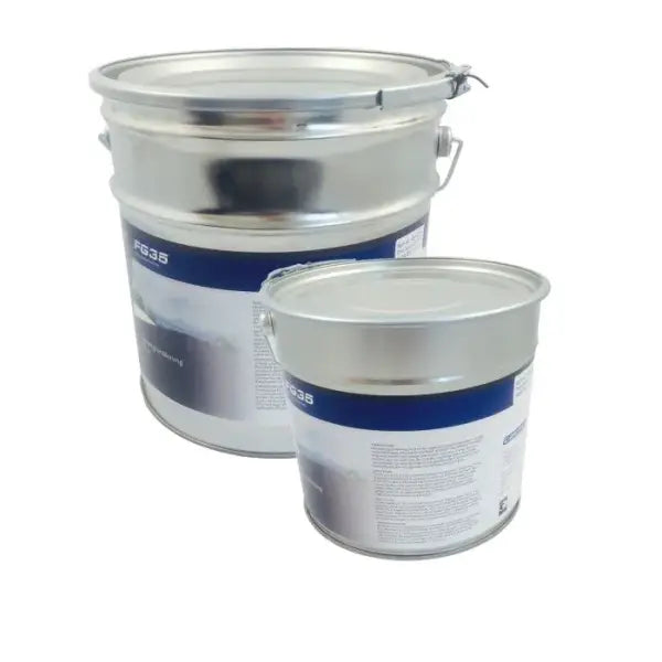 Two metal paint cans labeled FG35 Primer for high-quality surface preparation