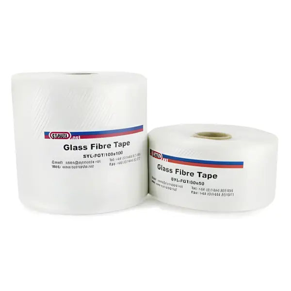 Two rolls of white glass fiber tape for composite repairs with red and blue labels