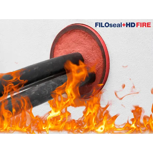 Fire-resistant Filoform Filoseal+HD gasket with flames illustrated around it