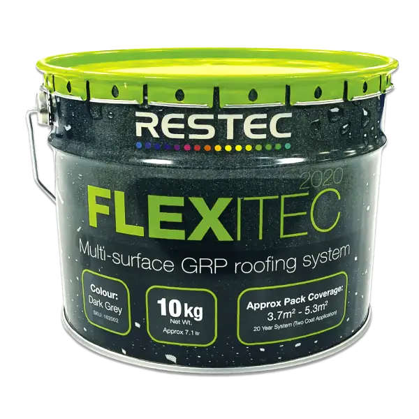 Can of dark grey Flexitec 2020 Resin for multi-surface GRP roofing system