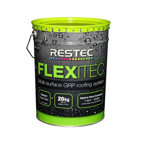 Gray bucket of Flexitec 2020 Resin showcasing multi-surface GRP roofing system