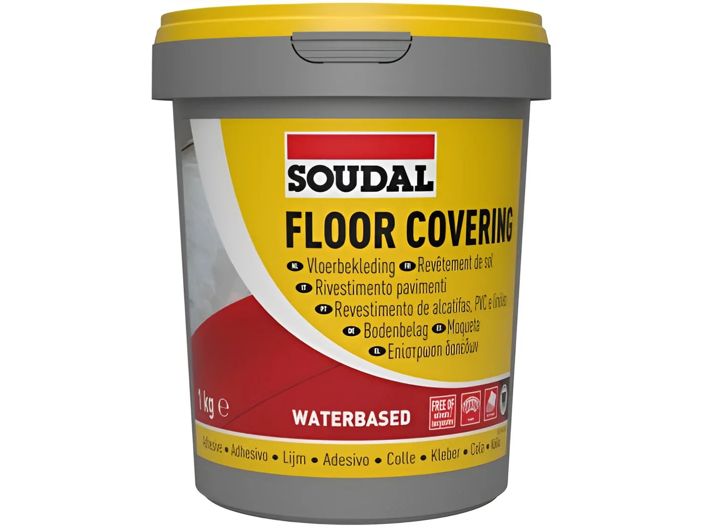 Soudal Floor Covering Adhesive 1kg tub, water-based solvent-free adhesive for bonding carpets, vinyl and linoleum flooring.