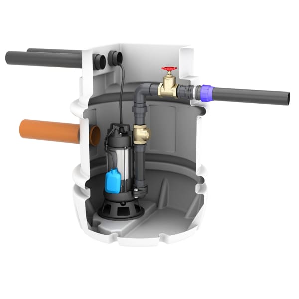 Sump pump system with pipes and valve for Foul Sump Macerator product