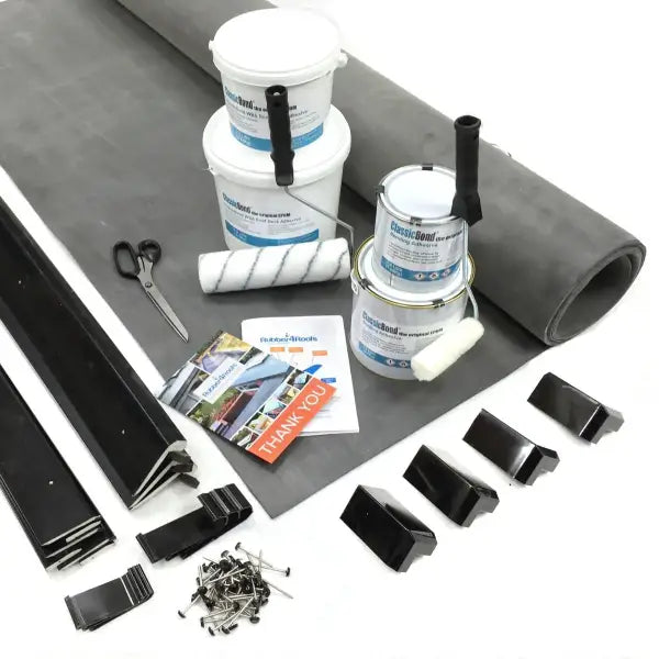 Garage Rubber Roof Kits featuring various roofing materials and accessories for installation