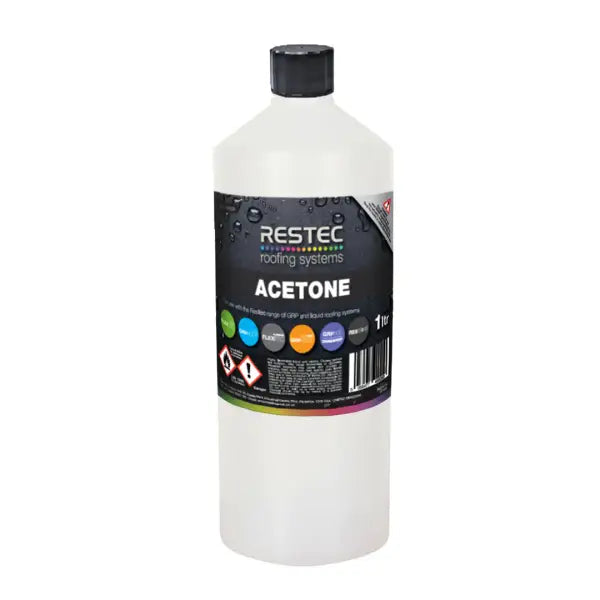 White plastic bottle of Restec General Purpose Acetone solvent for various applications