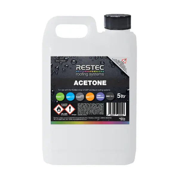 White Restec acetone container with black cap and hazard warning labels