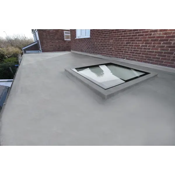 Flat roof skylight on gray membrane roofing with GRP Glass Fibre Finishing Tissue