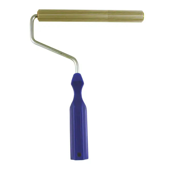 Paint roller with blue plastic handle and gold metal frame for GRP Bubble Buster V Roller