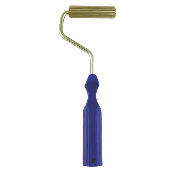 Paint roller with blue handle and gold metal frame, part of GRP Bubble Buster V Roller